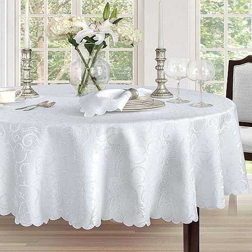 Vista 100 de Newbridge Mantel de tela de damasco festoneado Portofino de Navidad, 60 x 102 pulgadas, rectangular, marfil, resistente a las arrugas y a