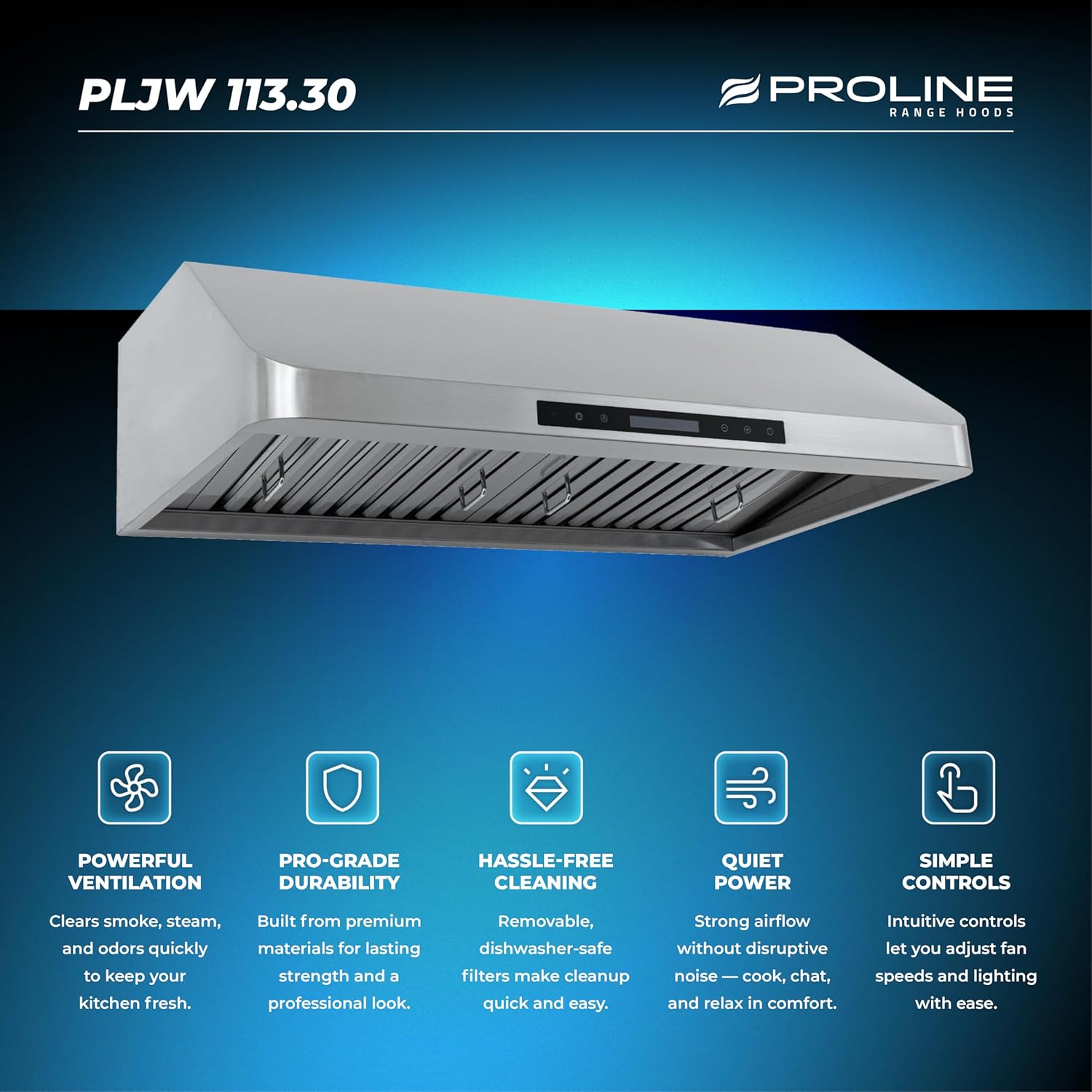 PROLINE 30-Inch Under Cabinet Range Hood, Ducted, 900 CFM, Stainless Steel, LED Lights, ULTRA-QUIET Blower Motor, 4 Speed, 3-Year Warranty, Dishwasher-Safe Filters, PLJW 113.30, Kitchen Hood