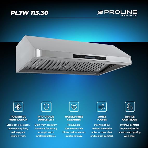 PROLINE 30-Inch Under Cabinet Range Hood, Ducted, 900 CFM, Stainless Steel, LED Lights, ULTRA-QUIET Blower Motor, 4 Speed, Dishwasher-Safe Filters, PLJW 113.30, Kitchen Hood