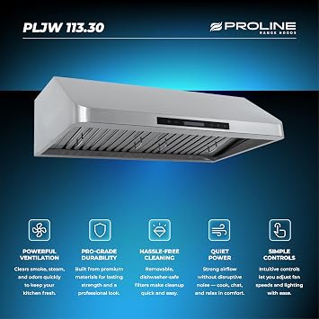 PROLINE 30-Inch Under Cabinet Range Hood, Ducted, 900 CFM, Stainless Steel, LED Lights, ULTRA-QUIET Blower Motor, 4 Speed, Dishwasher-Safe Filters, PLJW 113.30, Kitchen Hood