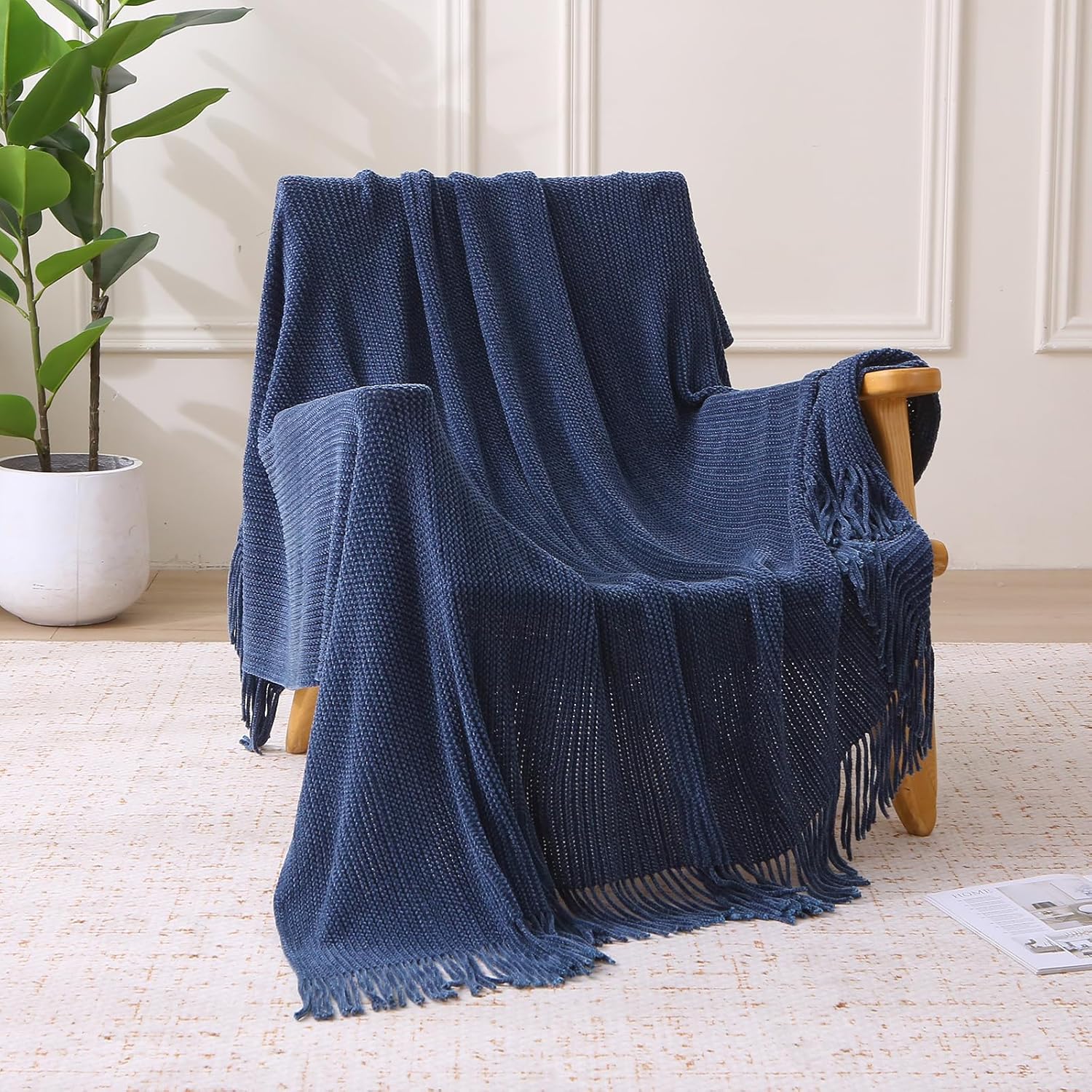 Chenille Throw Blanket for Couch, Soft Cozy Knitted Boho Blanket for Bed, Lightweight Spring Fall Throw with Tassel, 50x60 (Navy) - Image 3