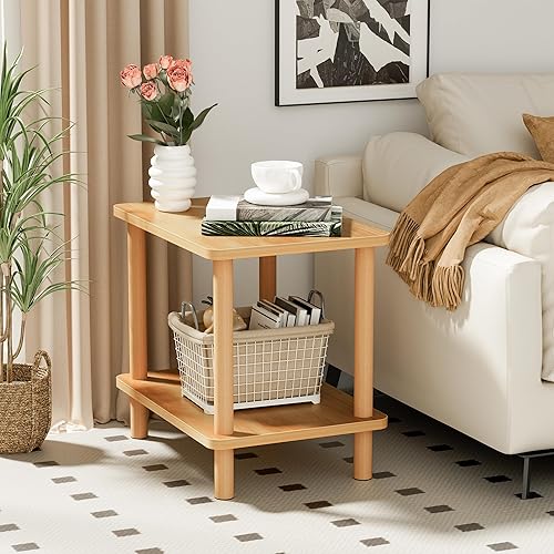 Miniatura 3 de Mesa auxiliar de 2 niveles con patas de madera maciza, mesa auxiliar pequeña, mesita de noche bohemia con estante de almacenamiento, mesita de noche