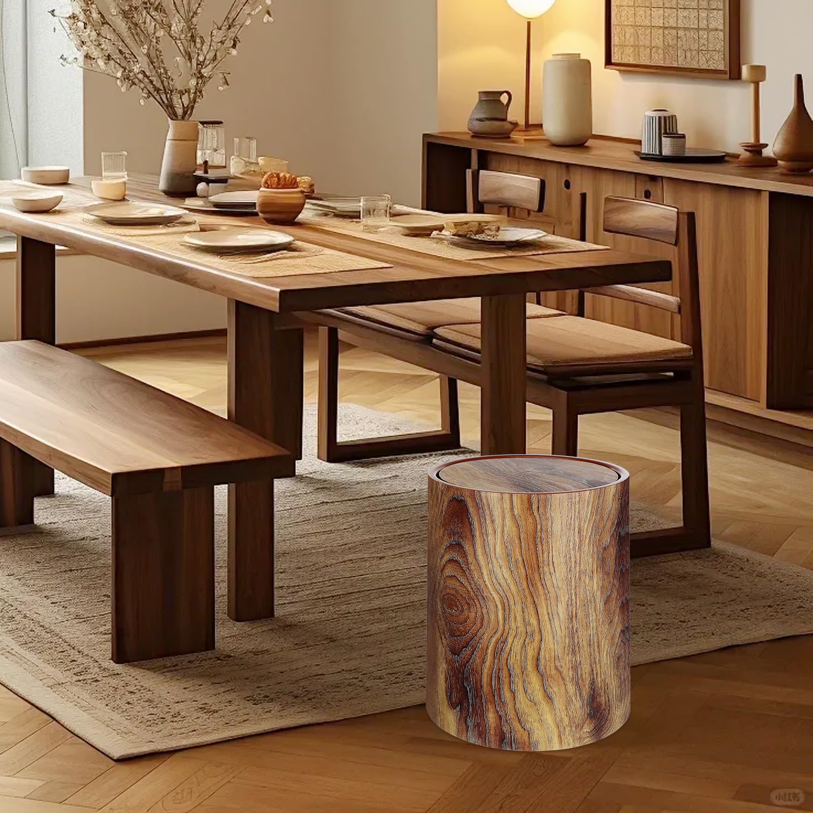 Alipis Mülleimer Pp Material 12l in Holzoptik mit Schwingdeckel Runder Leicht zu Reinigen Vielseitig Einsetzbar und Dekorativ für Büro und Wohnzimmer