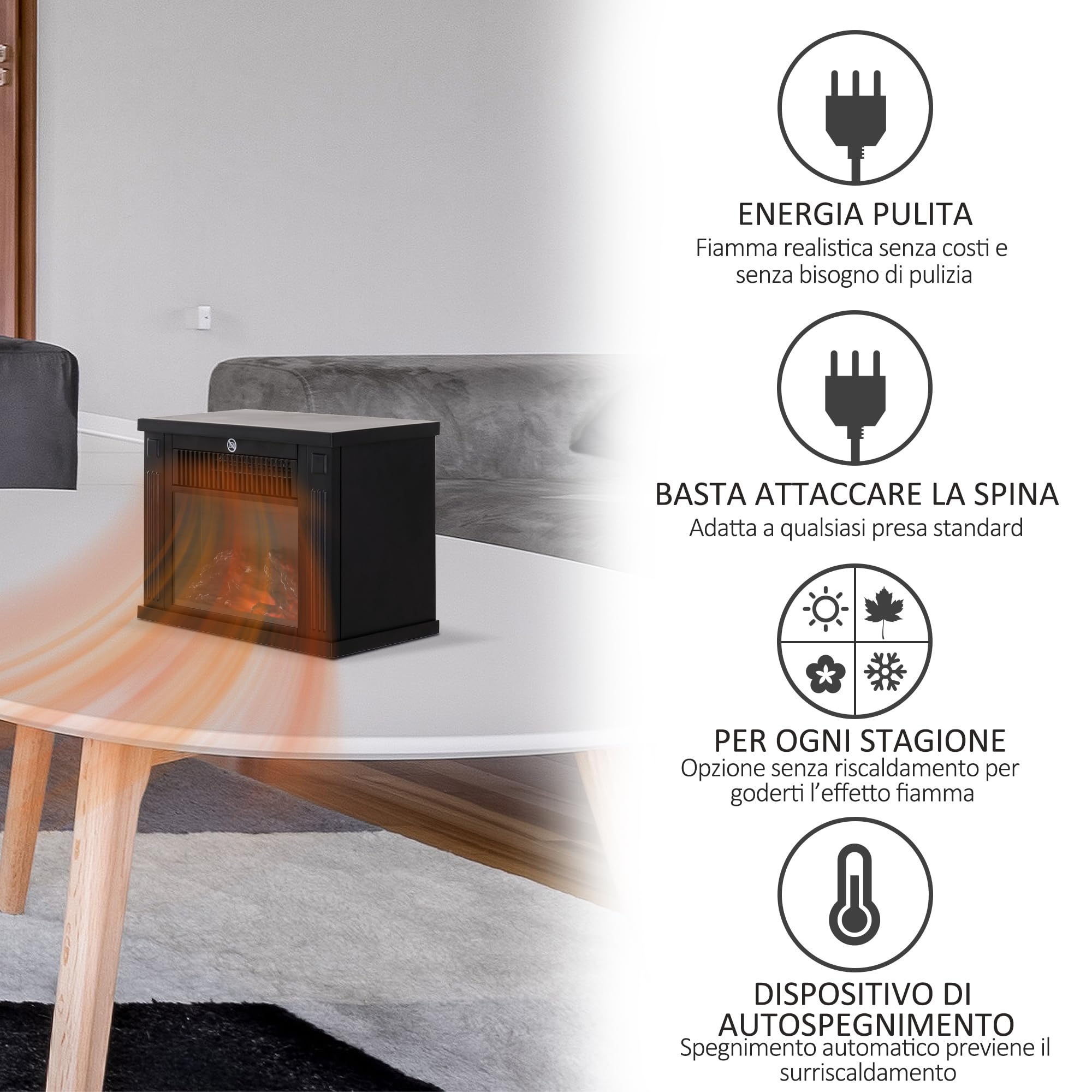 HOMCOM Camino Elettrico da Tavolo con Effetto Fiamma, Caminetto Elettrico da Terra con Potenza Regolabile 600/1200W, Temperatura Regolabile, Copertura 10-15m², Nero