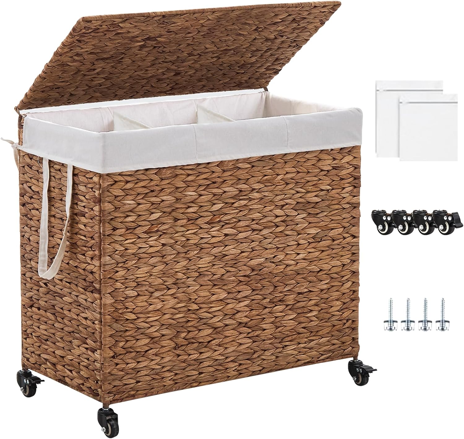 3-Section Laundry Hamper with Lid, Large Capacity Woven Natural Water Hyacinth Laundry Sorter with Removable Liners, Rolling or Non-Slip Design for Bedroom (Espresso, 155L)