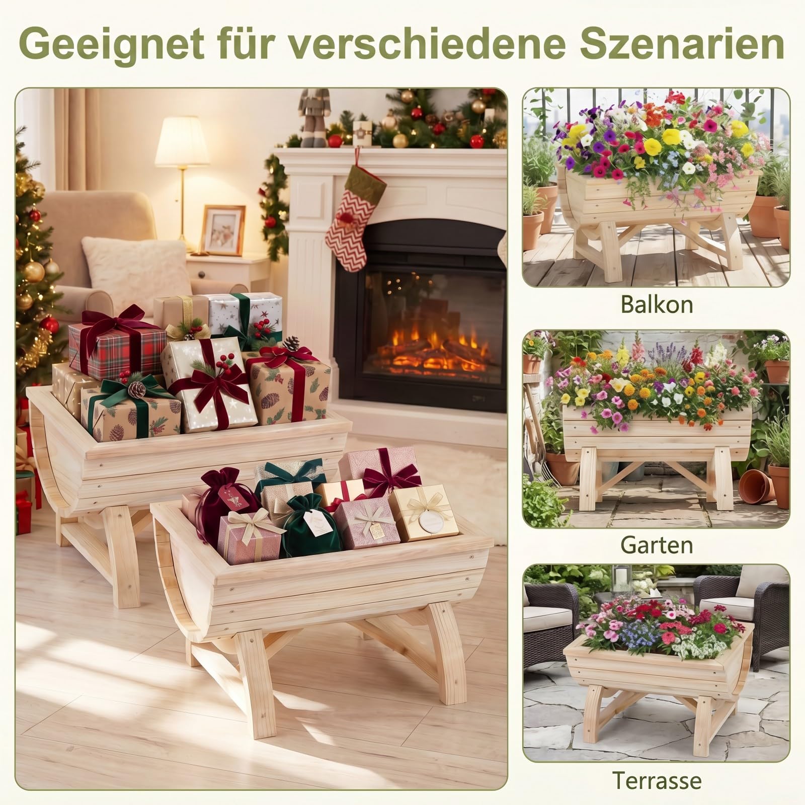 GOPLUS Blumenkasten 2er Set, Hochbeet aus Holz, Pflanzkasten mit Entwässerungsloch & Beinen, halbes Blumenfass für Gemüse, Kräuter, Obst, Outdoor Gartendeko, Blumentopf Blumenbeet für Garten & Balkon