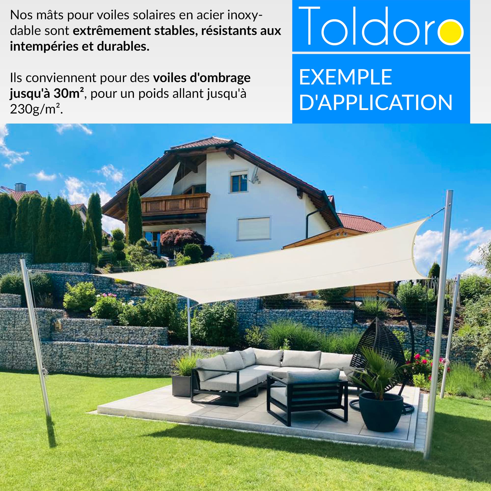 Toldoro® Mât pour Voile d'ombrage 3,5m Ø70mm, poteaux en Acier Inoxydable V2A avec boulons à œil Inclus dans la Livraison avec Douille au Sol pour la Fixation pour Voile d'ombrage