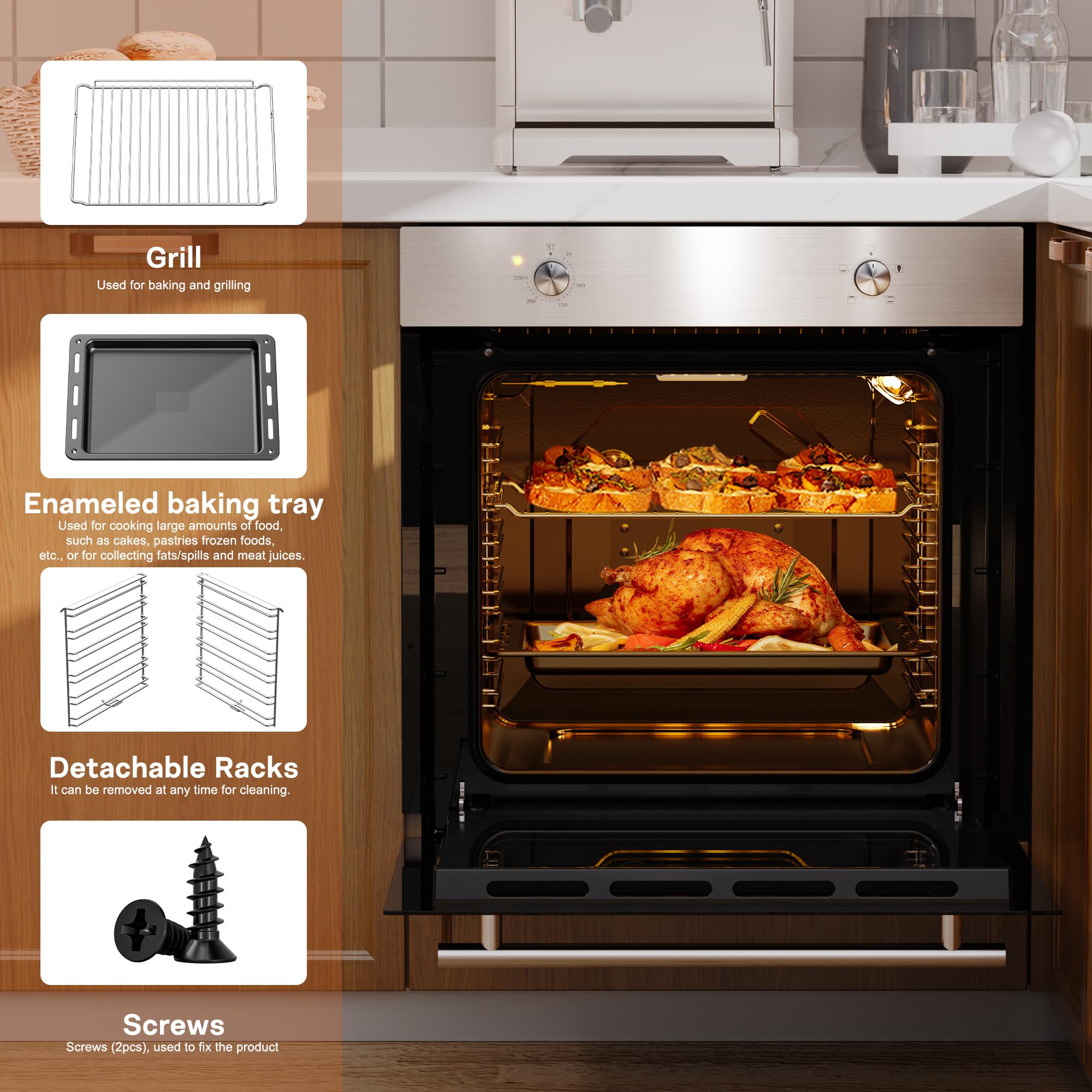 Karinear Electric Oven 65L Single Oven Built in Oven Knob Control wtih 5 Functions 2200W Plug and Play 220V Silver 60cm Wide — view 6