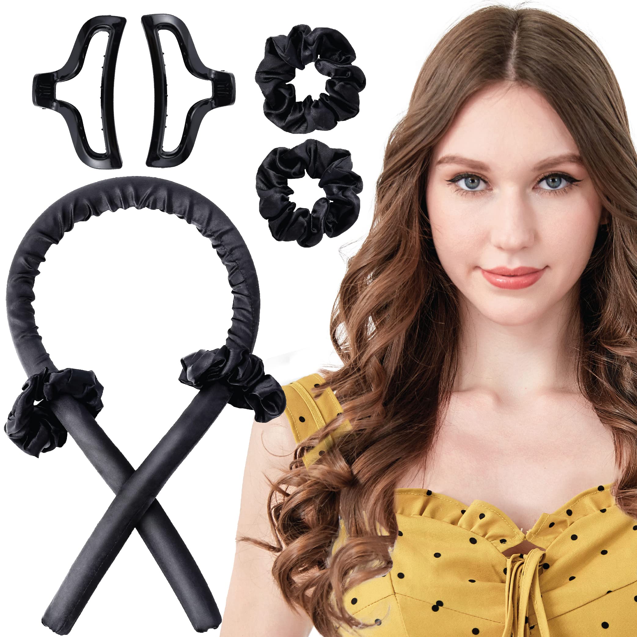 Heatless Curling Rod Silk Headband, No Heat Curls Rollers, Curlers with Ribbons Sleeping Soft Wave Hair Curler DIY Hair Styling Tools Formers for Long Medium Hair (Glossy Black)