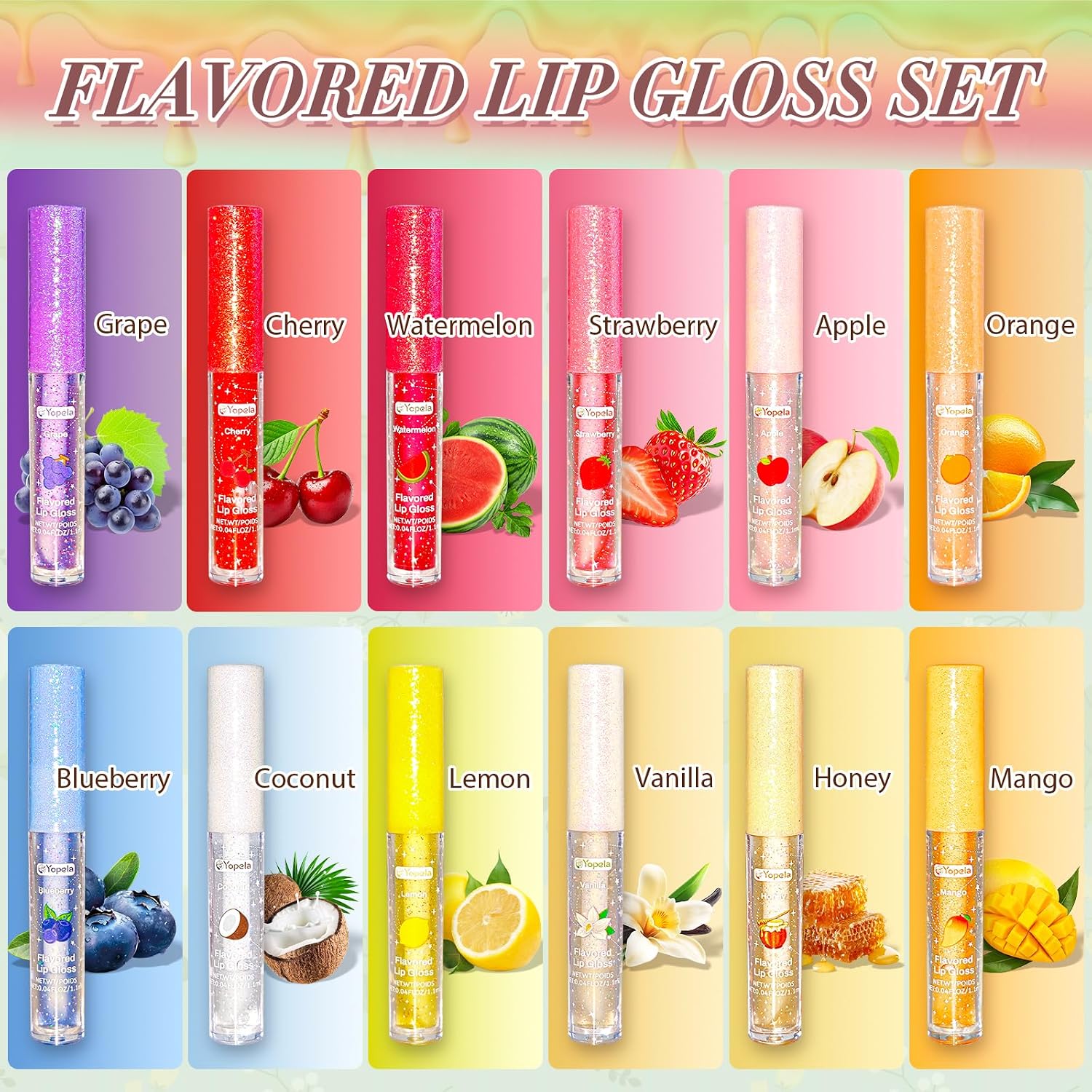 Yopela 12pcs Lip Gloss Bulk With Vitamin E and Natural Oils, Long Lasting Moisturizing Plumping Glitter Lip Gloss Set for Girls Teens & Women, Birthday Party Favors Gifts - 12 Fruity Flavored