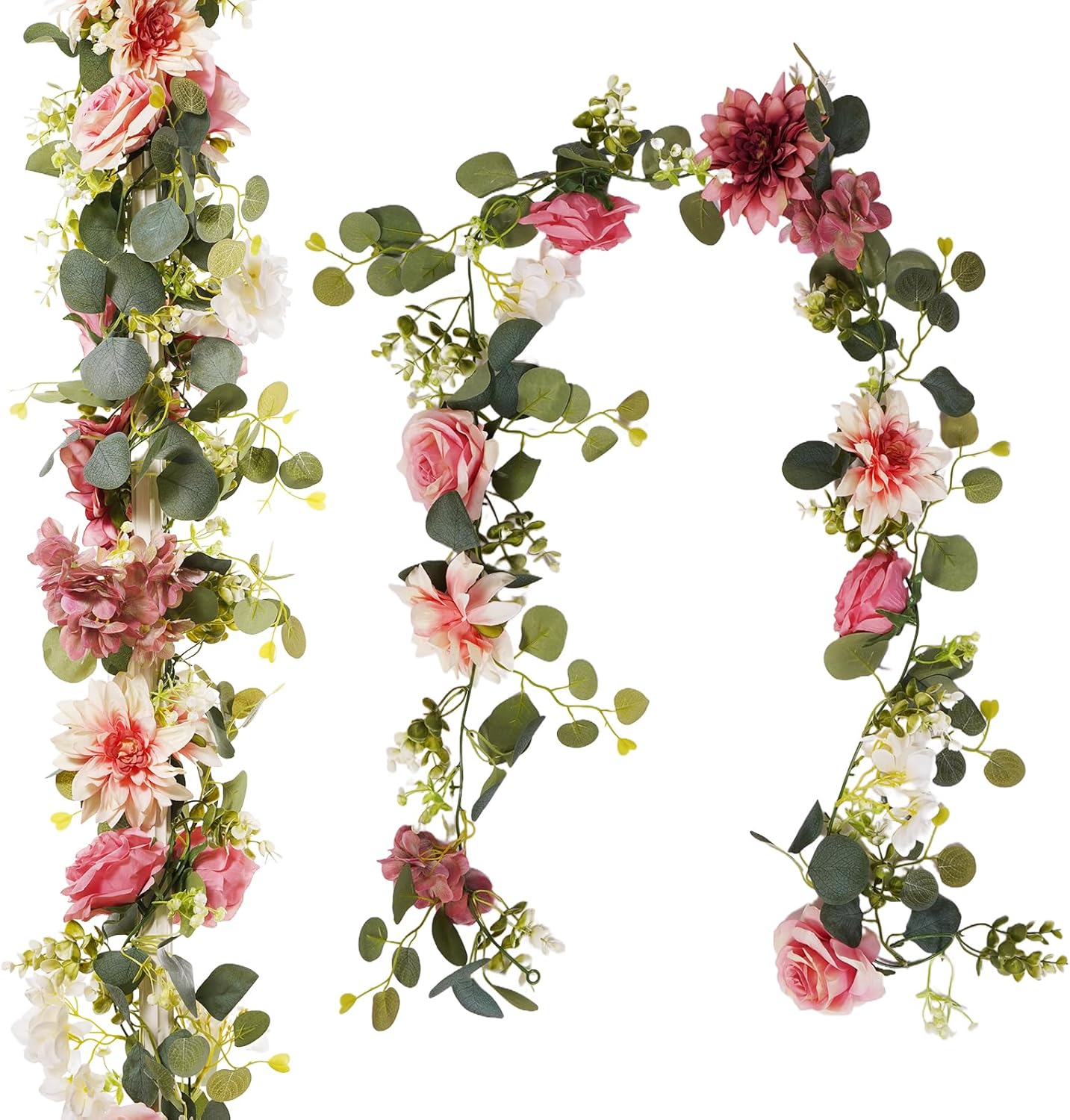 2Pcs Flower Garland Decorations, 12.27Ft Pink Flowers Rose Garland, Artificial Eucalyptus Greenery Vines with Floral for Wedding Wall Arch Table Centerpieces Backdrop Room Decor (Pink)