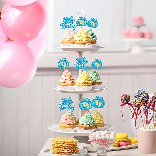 Miniatura 6 de Gyufise 24 piezas de calabaza Oh Baby Cupcake Toppers Glitter Boy Baby Shower Calabaza Cupcake Picks Baby Feet Decoraciones para pasteles temáticos