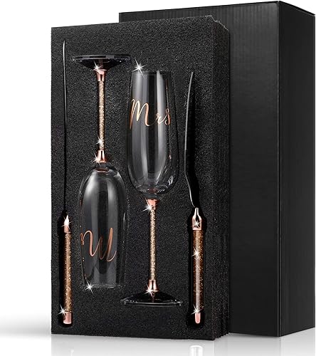 Boao Juego de 4 flautas y servidores para tartas de boda, suministros de recepción de boda, vasos de champán, cuchillo para tartas (diamante oro