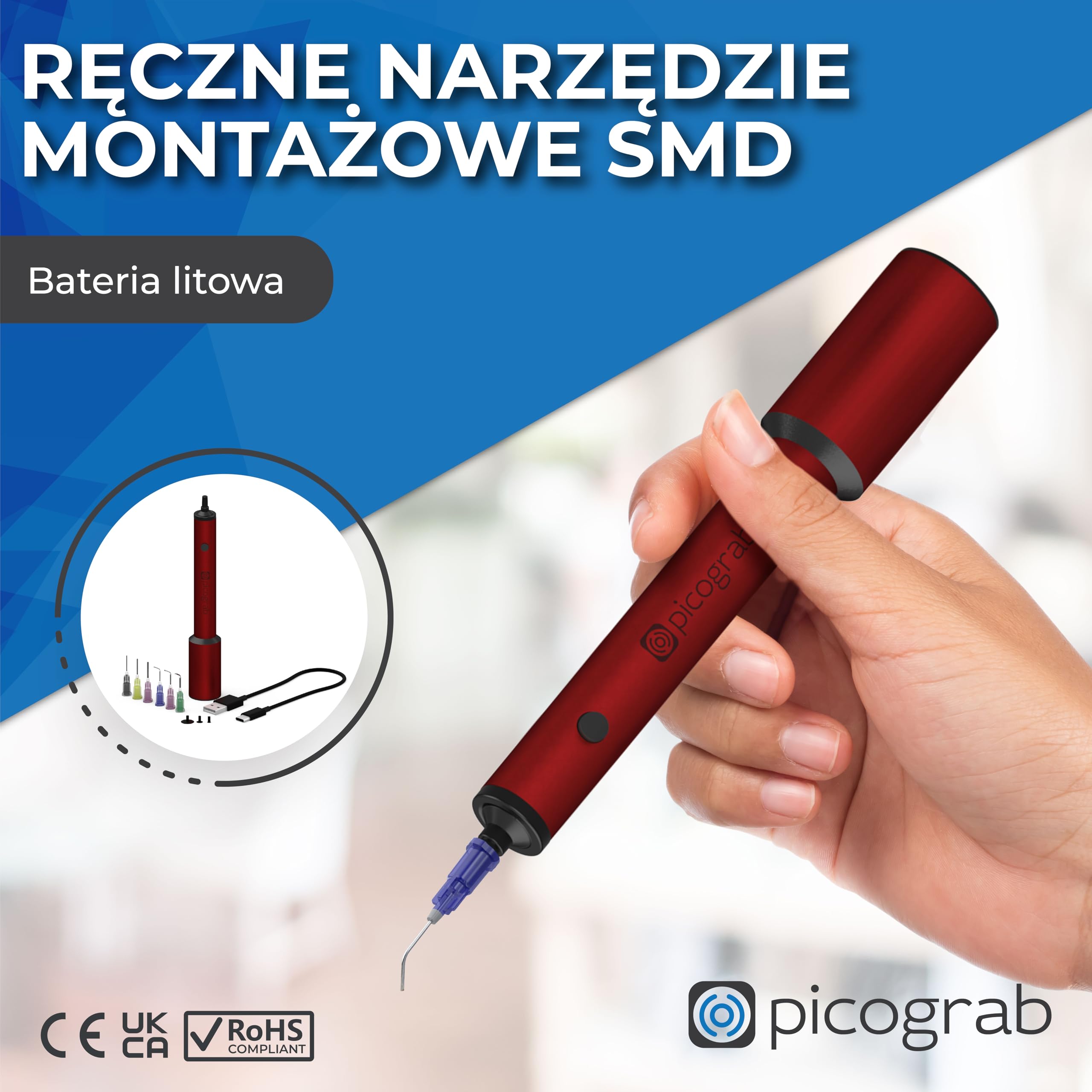 Ładowalny długopis próżniowy ESD do umieszczania komponentów IC i naprawy chipów SMD, z 3 przyssawkami, 6 wymiennymi dyszami, aluminiową obudową, portem USB-C i czasem pracy baterii do 10 godzin.