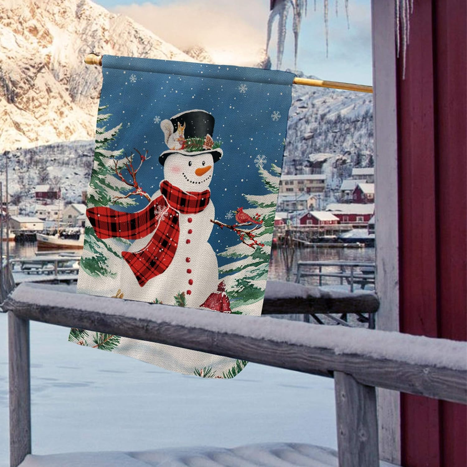 pinata Christmas Garden Flag 28 x 40 Inch Double Sided Snowman Winter House Flag Burlap large Christmas flag Banner Cute Yard decor with Red Buffalo Plaid, Cardinal, Squirrel, Rabbit, Christmas Tree