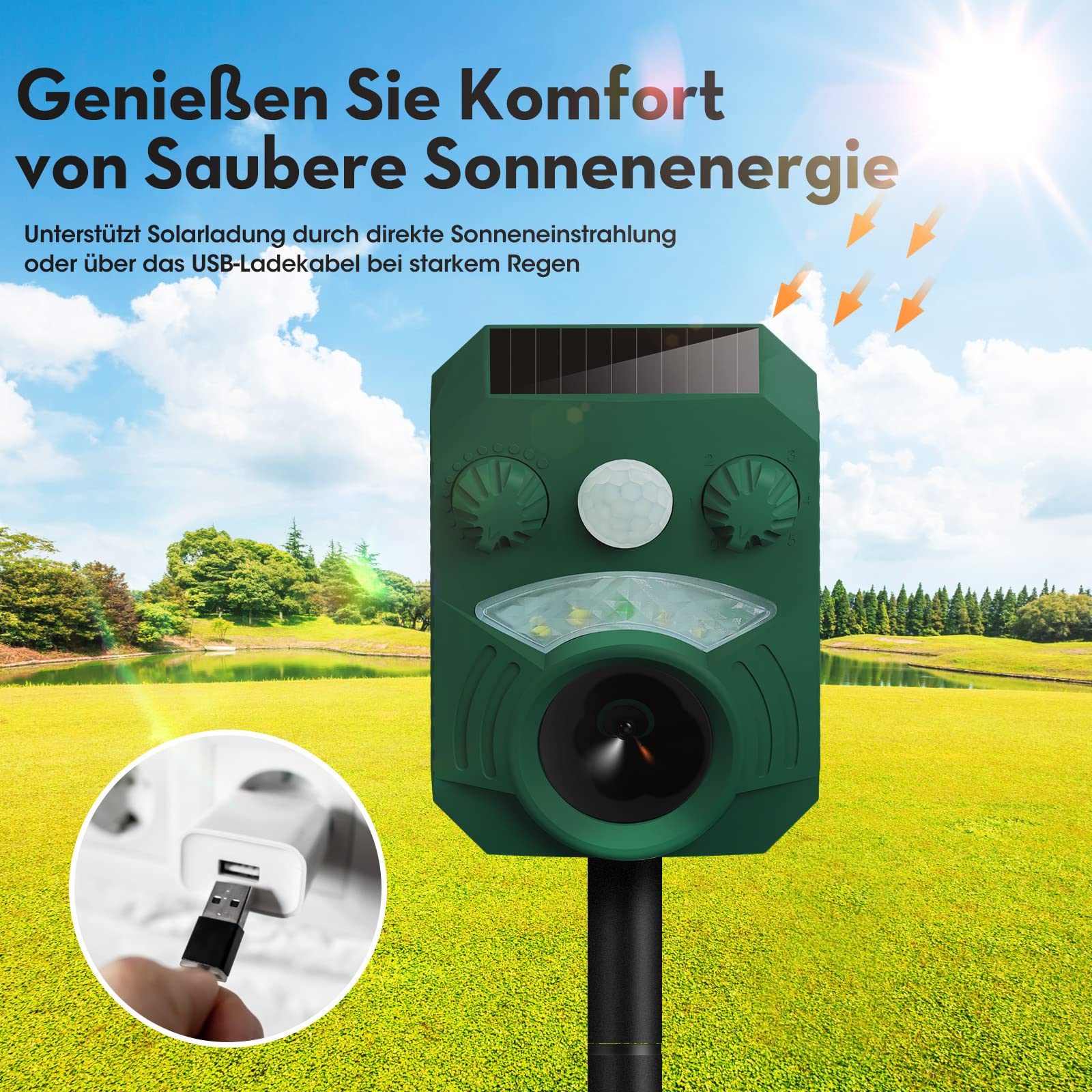 Repelente para Gatos, Ahuyentador para Gatos Ultrasonido Repelente para Palomas, Pájaros, Perros, Ratones, Zorros, 5 Modos IP44 Impermeable