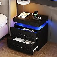 Vista 1 de Mesita de noche negra con estación de carga, moderna mesita de noche con luces LED, mesa auxiliar con 2 cajones para dormitorio, sala de estar