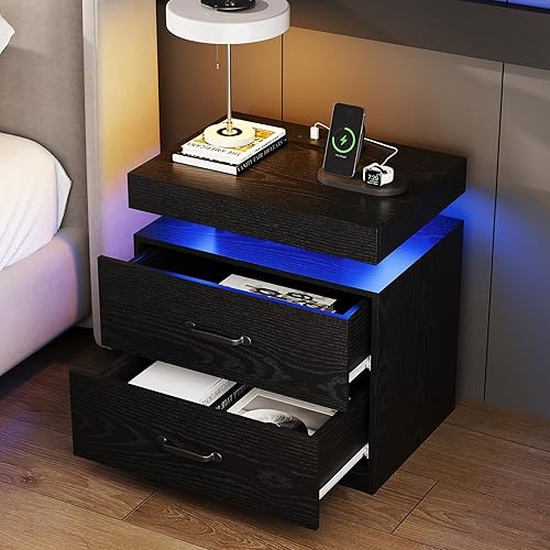 Mesita de noche negra con estación de carga, moderna mesita de noche con luces LED, mesa auxiliar con 2 cajones para dormitorio, sala de estar