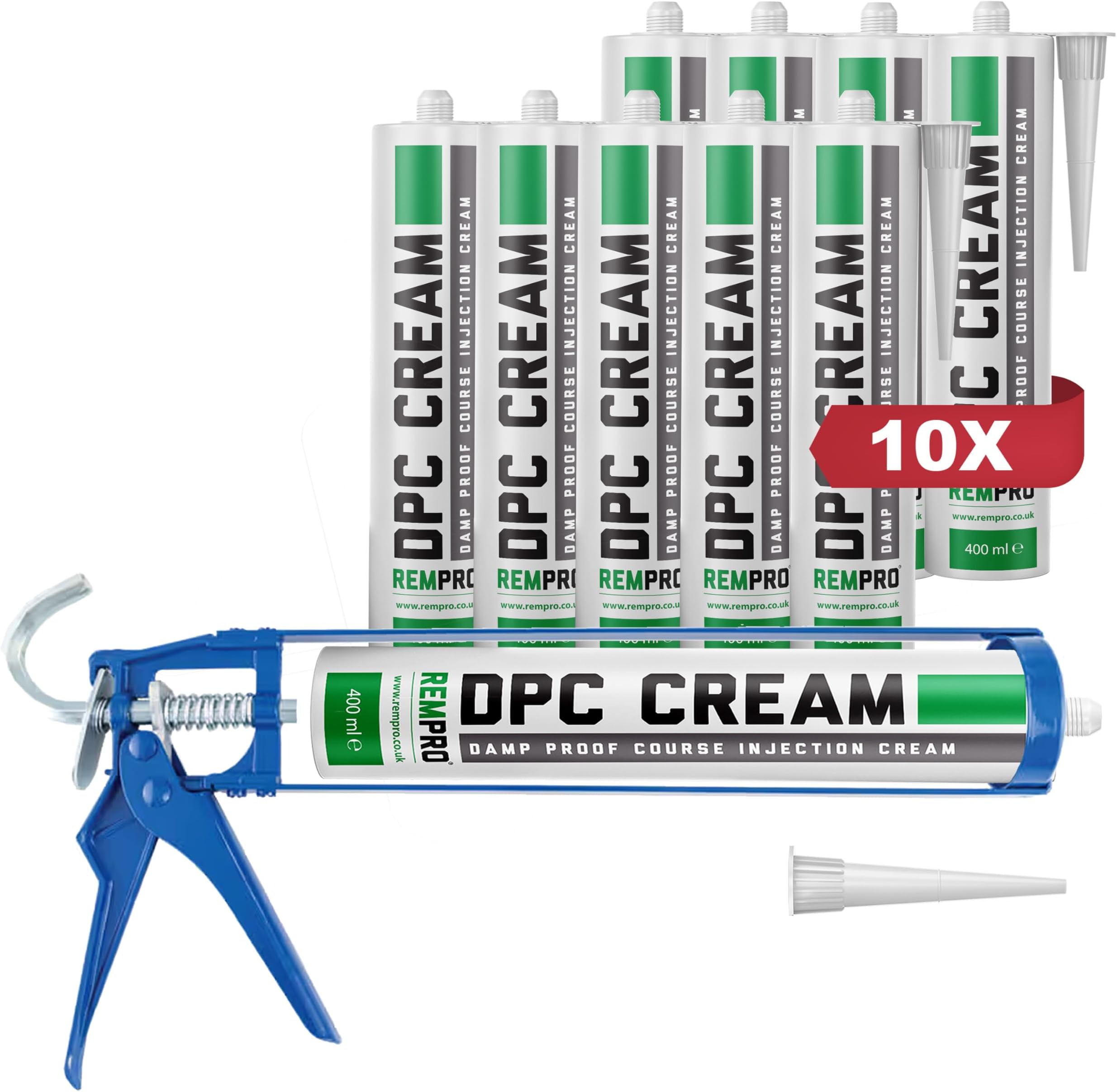 DPC Damp Proofing Course Cream Kit (10 x 400ml + Caulking Gun)- Barrier Treatment & Control of Rising Damp in Walls - BBA Certified