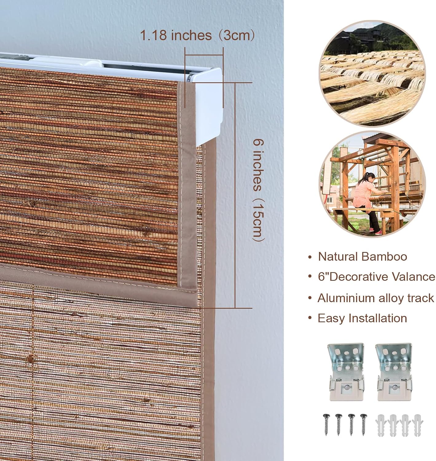 Cordless Bamboo Roman Shades, Top Down Bottom Up Blackout Shade with Borders, Woven Natural Fiber Hemp Blinds with Lined Bamboo Shades for Indoor Windows, Home, Color 1019