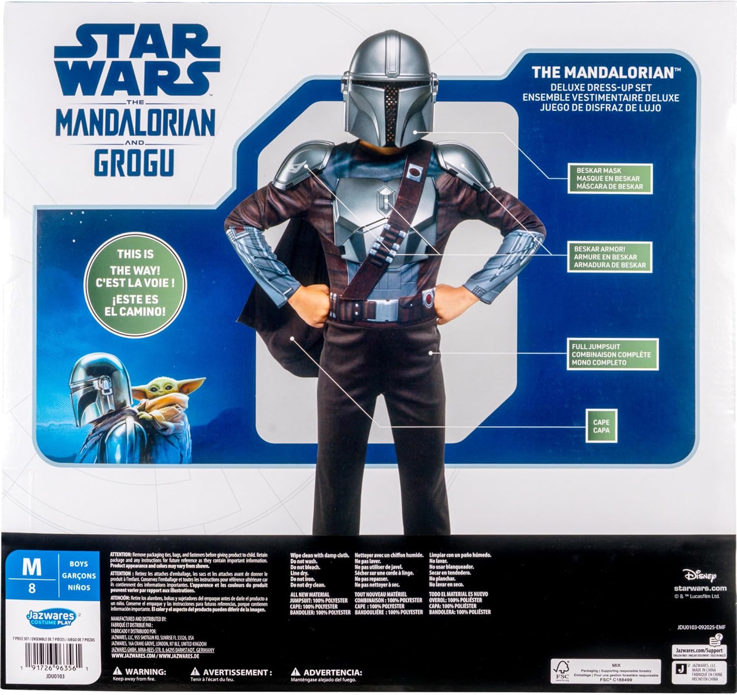 STAR WARS The Mandalorian Deluxe Dress Up Set - Jumpsuit with Molded Armor and Bandolier, Detachable Cape, and Plastic Mask