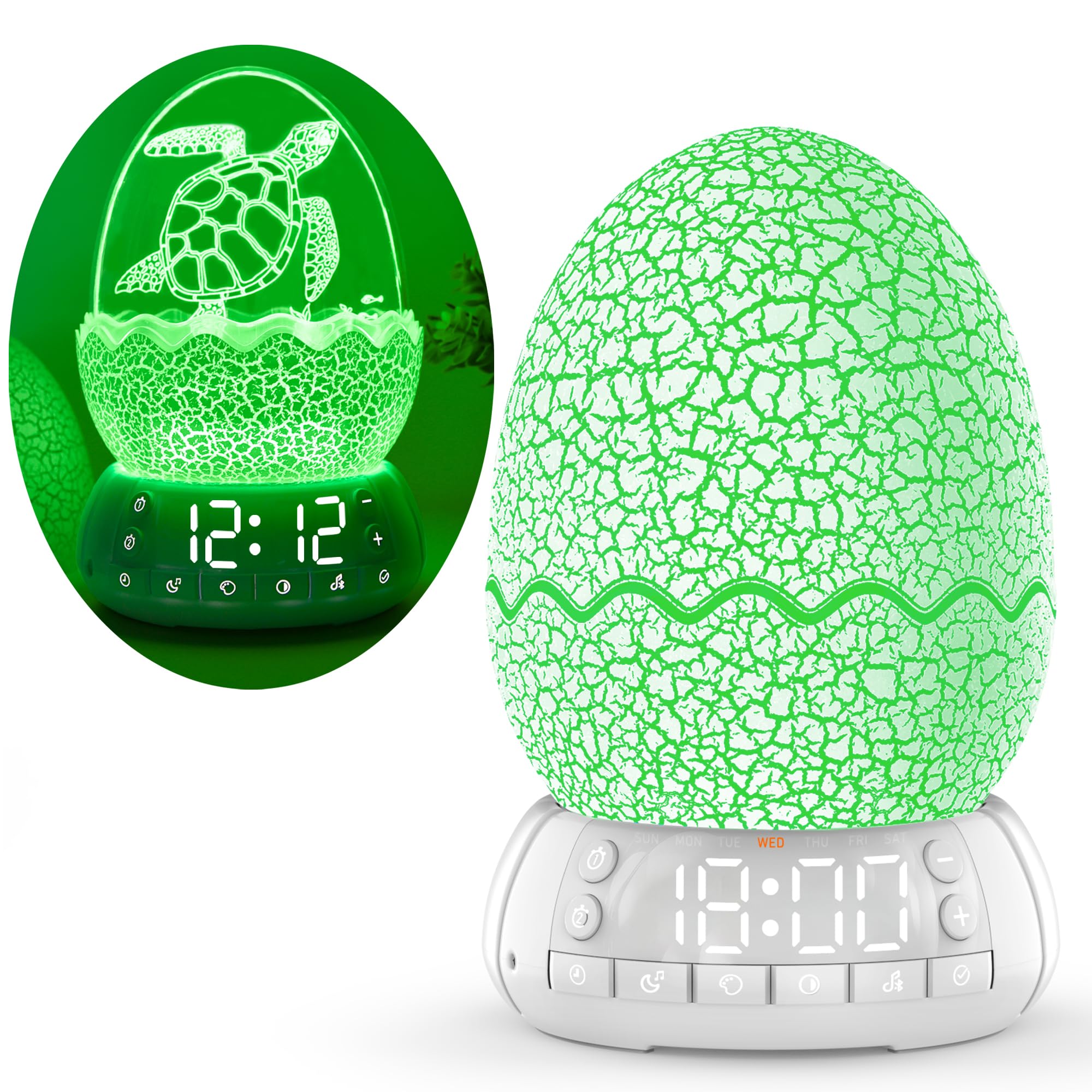 Reloj despertador digital multifunción con luz de despertador, control táctil, colores de luz nocturna, lámpara LED en forma de huevo con patrón interior, ayuda a dormir, ruido blanco y caja de