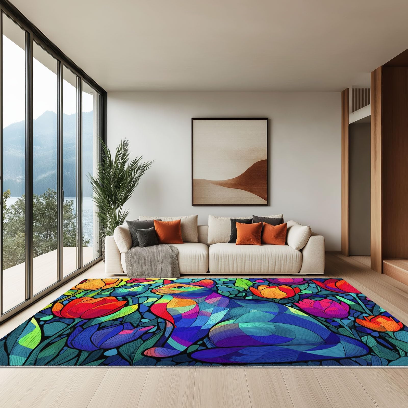 Generisch Miękki, antypoślizgowy szklany dywan z motywem kota, tulipanów, kwiaty, krótkie runo, zielony, 180 x 240 cm, nadaje się do prania, do salonu i sypialni, łatwy w pielęgnacji, do jadalni i