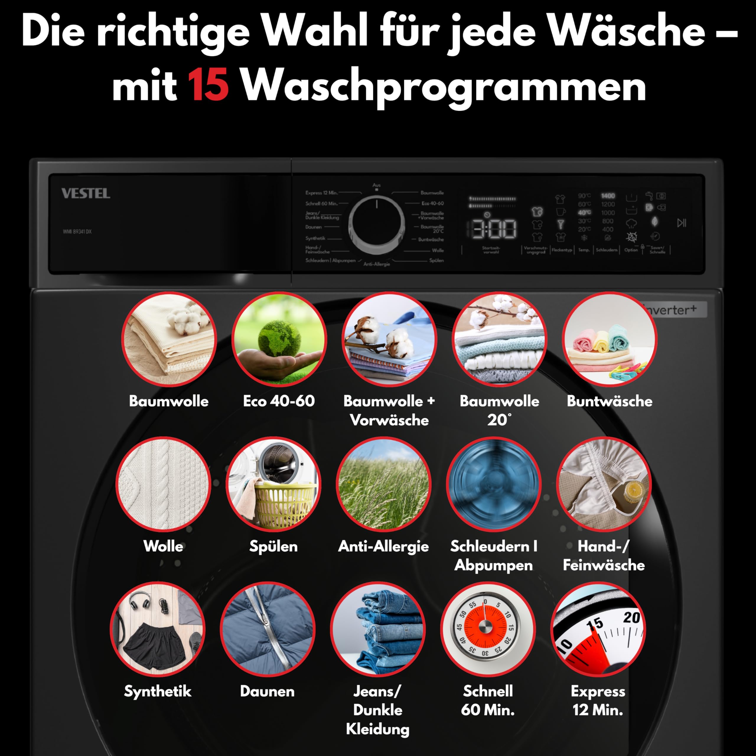 VESTEL WMI 89341 DX Waschmaschine Frontlader, 8 kg, 1400 U/min, Inverter-Motor, Dampf, AquaStop+Switch, Dark Inox