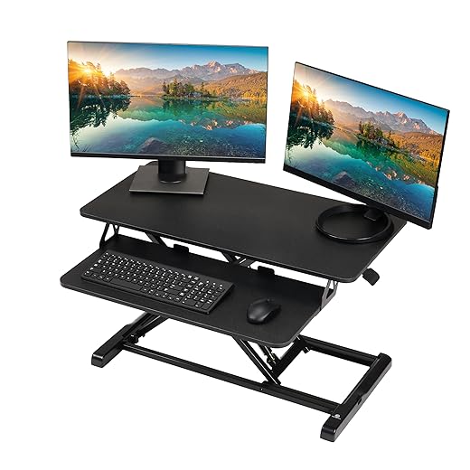 TechOrbits Standing Desk Converter - 32 Inch Particle Board, Adjustable Height Sit to Stand Up Desk Riser for Home Office - Computer, Laptop & Dual Monitor Workstation - White