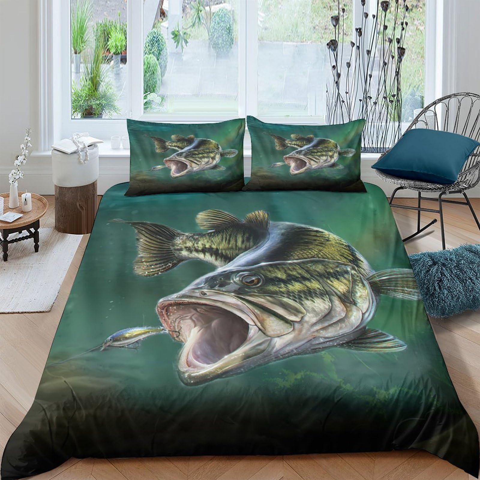 Ctjqhvkz Style-6 3D Printed Lifelike Bass Fish Fitted Sheet Microfiber Soft Green Lake Bed Cover Bedroom Dorm Décor Single（135X200cm）