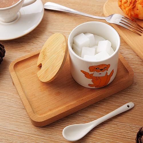 Miniatura 3 de Kitchenexus Azucarero de cerámica, azucarero de porcelana con tapa de madera y cuchara de acero inoxidable de 9 oz/9.0 fl oz con patrón de perro,