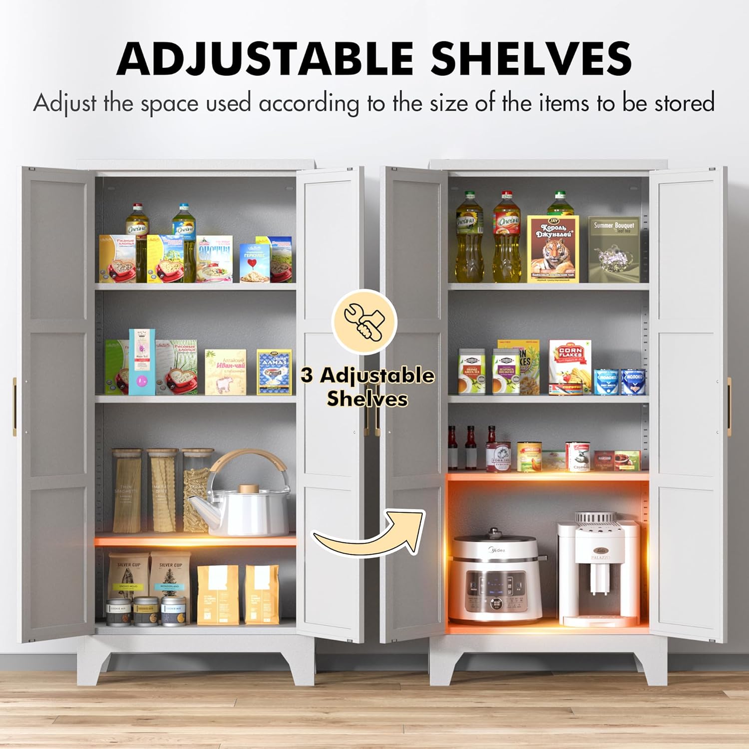 Coolsun Metal Pantry Cabinet, 61" Kitchen Pantry Storage Cabinet with 2 Doors and 3 Adjustable Shelves, Food Pantry Cabinet for Kitchen, Living Room, Dining Room, Home Office (White)