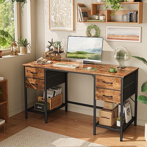 Miniatura 2 de Huuger Escritorio para computadora de 55 pulgadas con 4 cajones, escritorio de oficina con estante de malla, escritorio para juegos, gran