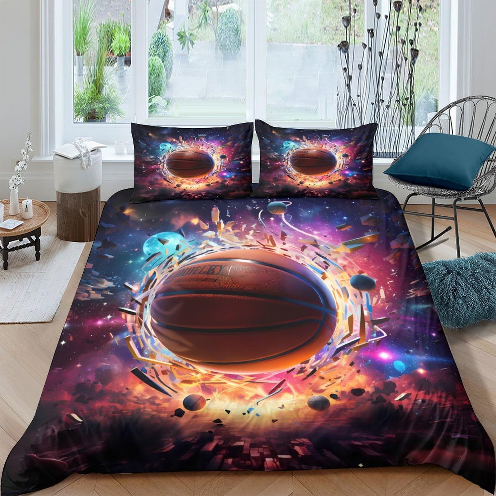 GPLZQXKJNH 3D Printed Basketball Universe Duvet Cover Microfiber Soft Breathable Cosmic Explosion Bedding Set with 2 Pillowcases for Bedroom Decor Single（135x200cm）