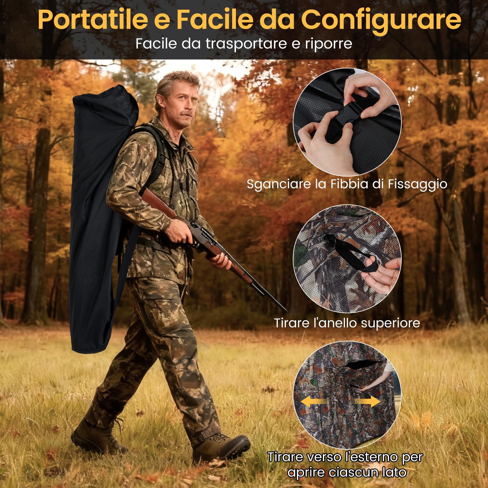 COSTWAY Tenda da Caccia Portatile per 4 Persone, Capanno Mimetico a Visione a 360° con Rete Trasparente e Borsa da Trasporto, Tenda Pop-up Camouflage per Caccia di Cervi e Tacchini, 147 x 147 x 170 cm