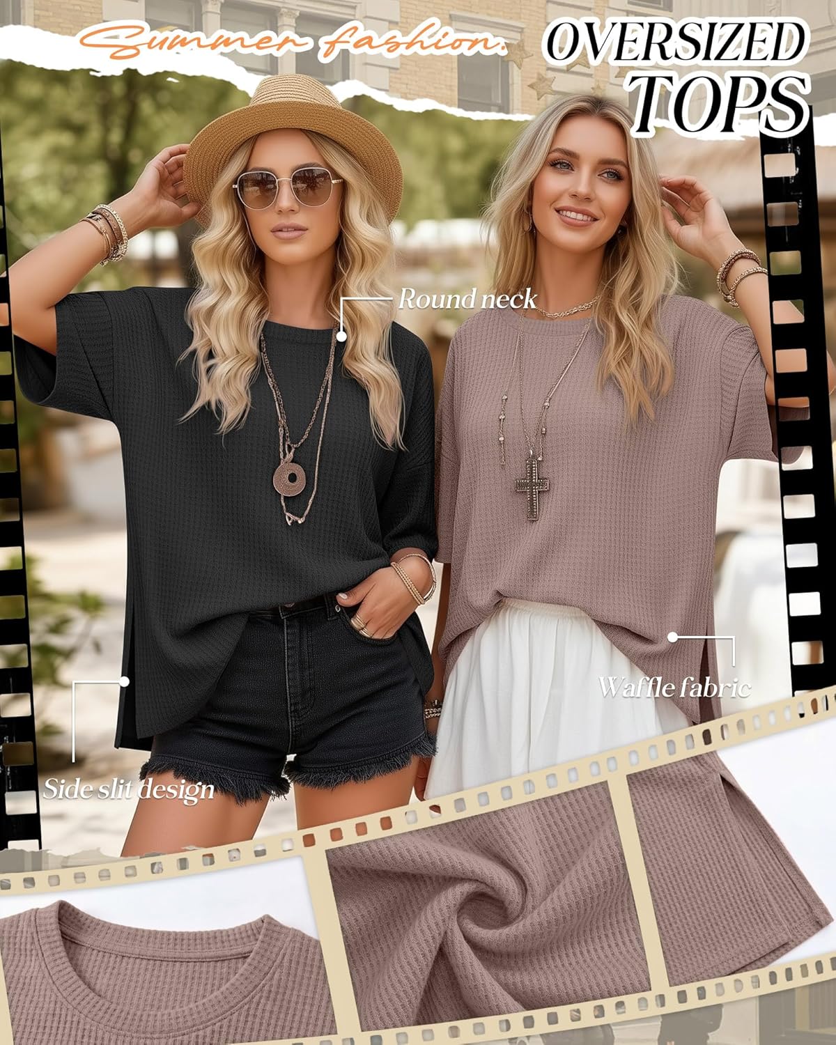 3 Pack Women's Oversized Waffle Knit Short Sleeve Tops Side Split Crewneck Loose Long T-Shirts Summer Casual Tees - Image 3
