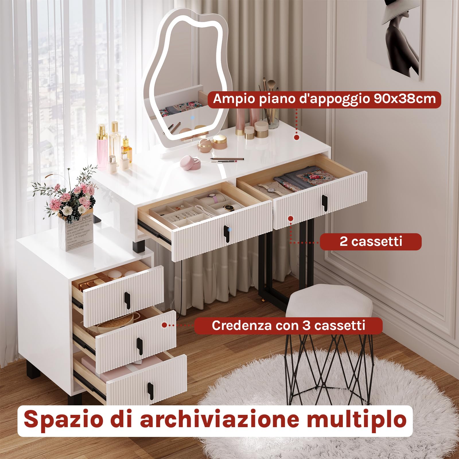WOLTU Toeletta con Luce LED, Luminosità Regolabile, Specchio a Nuvola, Piano Lucido, 5 Cassetti in Legno Massiccio, 1 Cassettiera, Moderno, Bianco e Nero