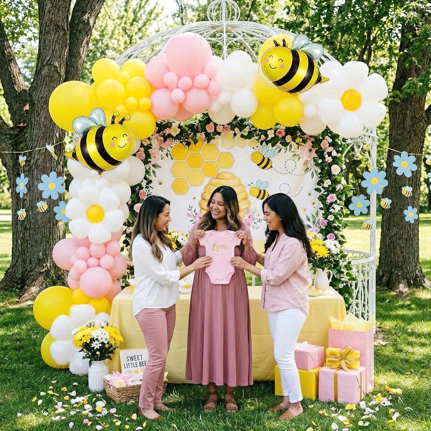 Bee Balloons Garland Arch Kit 134 pcs yellow pestal pink balloon Arch with bee daisy balloons for Baby Shower Lemonade Birthday Honeybee Party Decor image 2