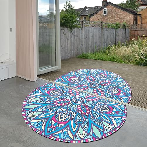 Miniatura 3 de Tapete bohemio medio redondo de tierra de diatomeas para interiores y exteriores, tapete bohemio de entrada de flores azules coloridas, parte