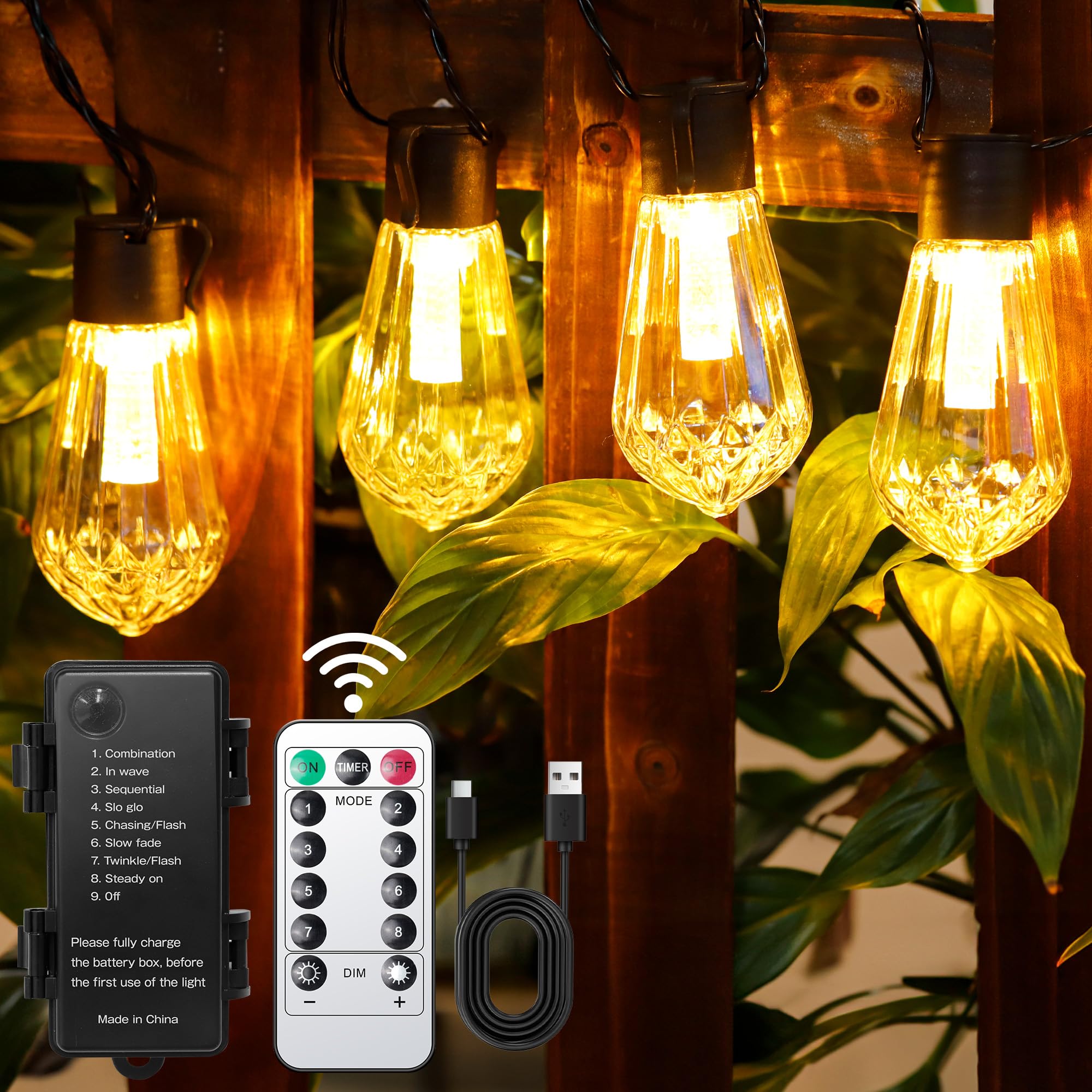 Guirlande lumineuse de jardin d'extérieur rechargeable à piles 5000 mAh étanche 9 m avec télécommande, portable pour terrasse, tonnelle, café