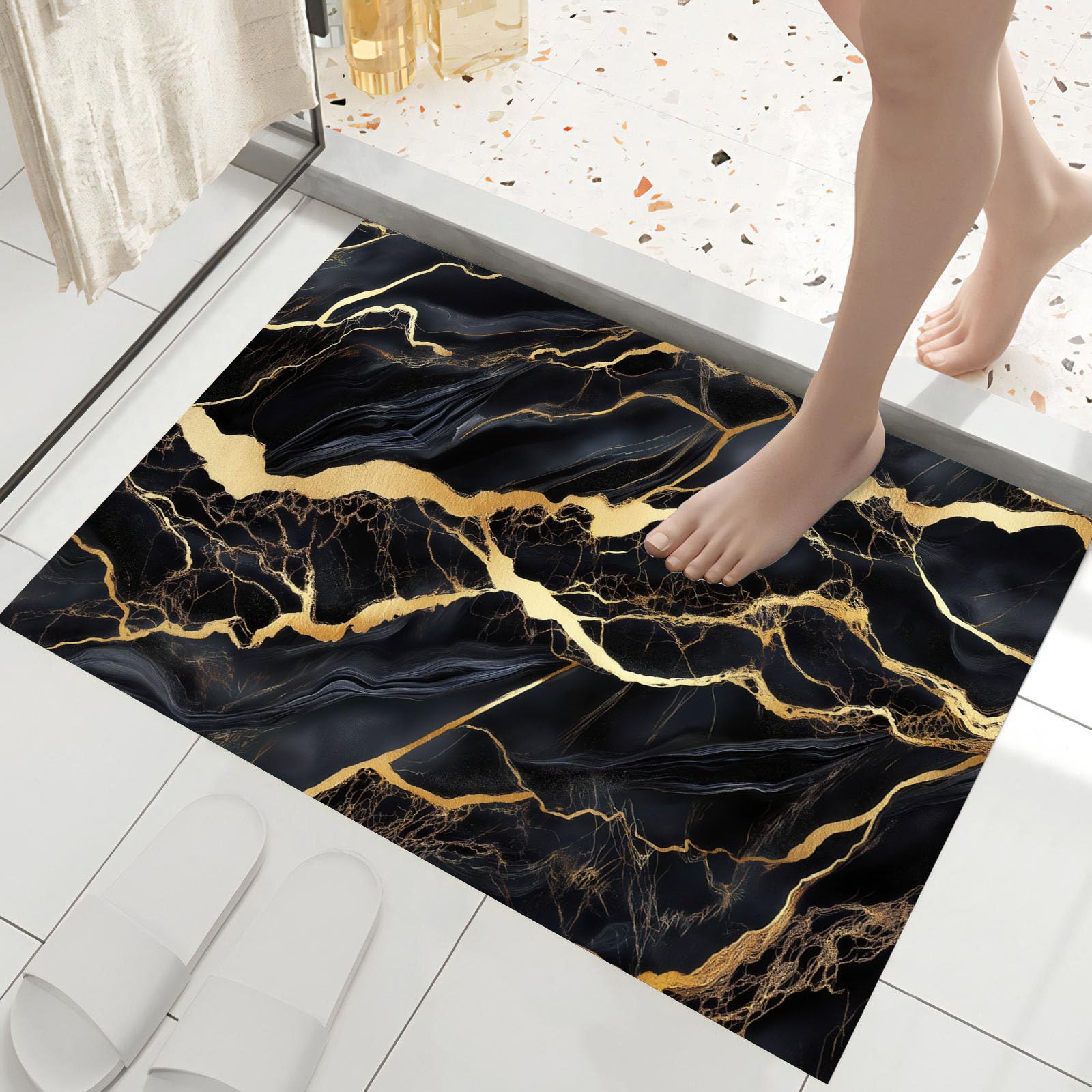 Tapis de bain cuisine antidérapant lavable style marbre or et noir