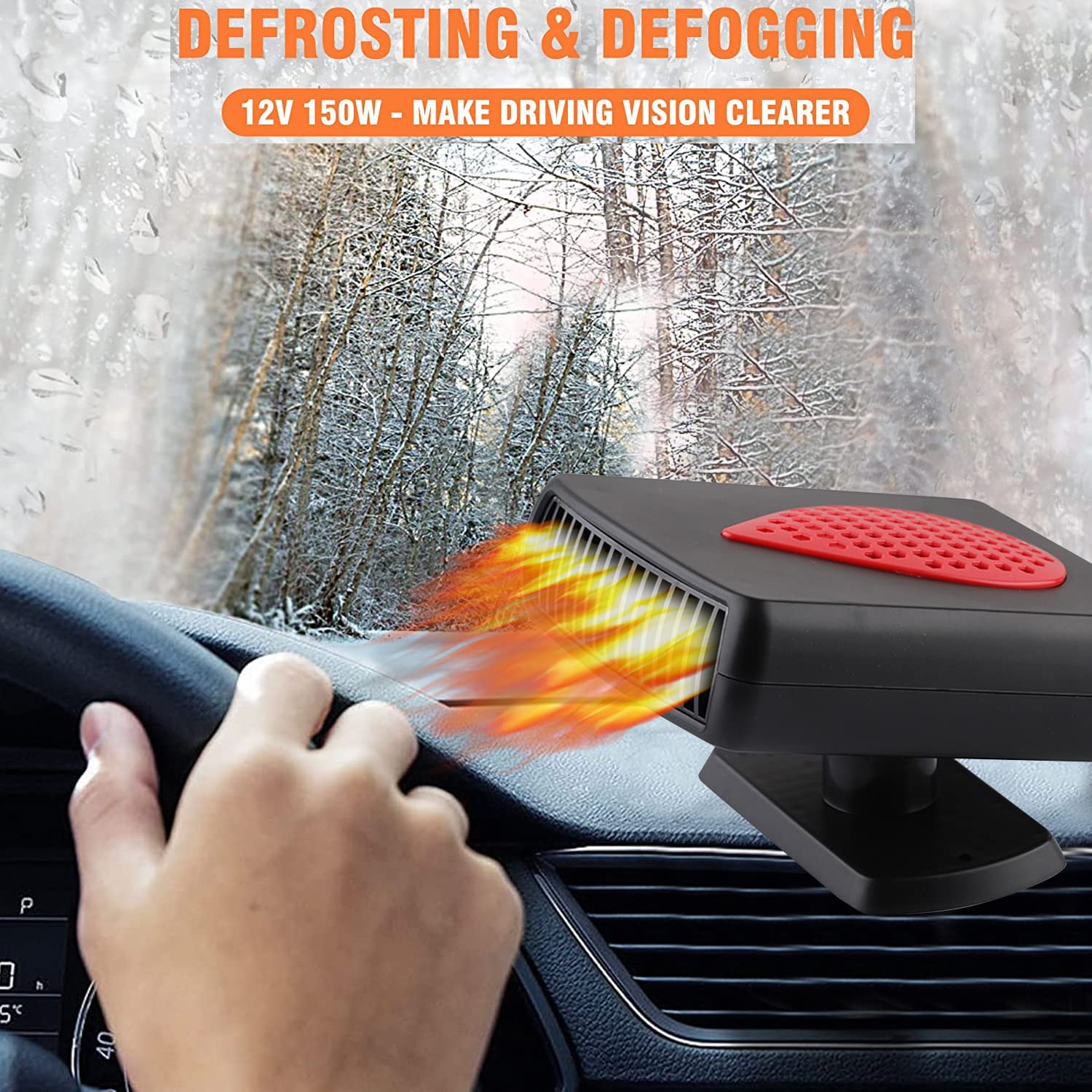 Riscaldatore Portatile Auto 12V 150W, Termoventilatore per Auto, riscaldatore e Ventola di Raffreddamento 2 in 1, Sbrinatore e Demister per Parabrezza con accendisigari Presa