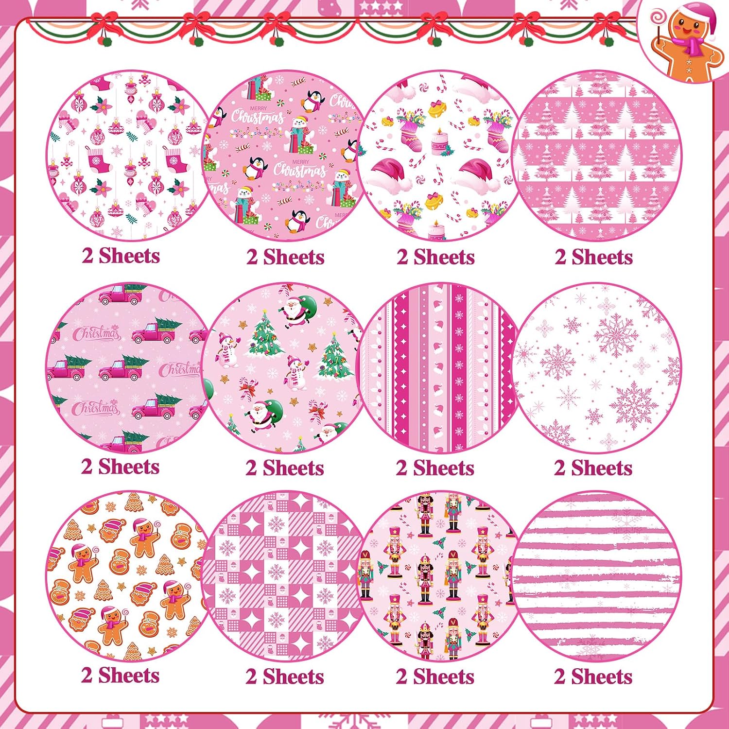 Konsait 24 Sheets Christmas Scrapbook Paper 12x12 Double Sided Pink Christmas Pattern Paper Xmas Decorative Papers Xmas Cardstock Pad Origami Papers for Card Making Scrapbook Supplies