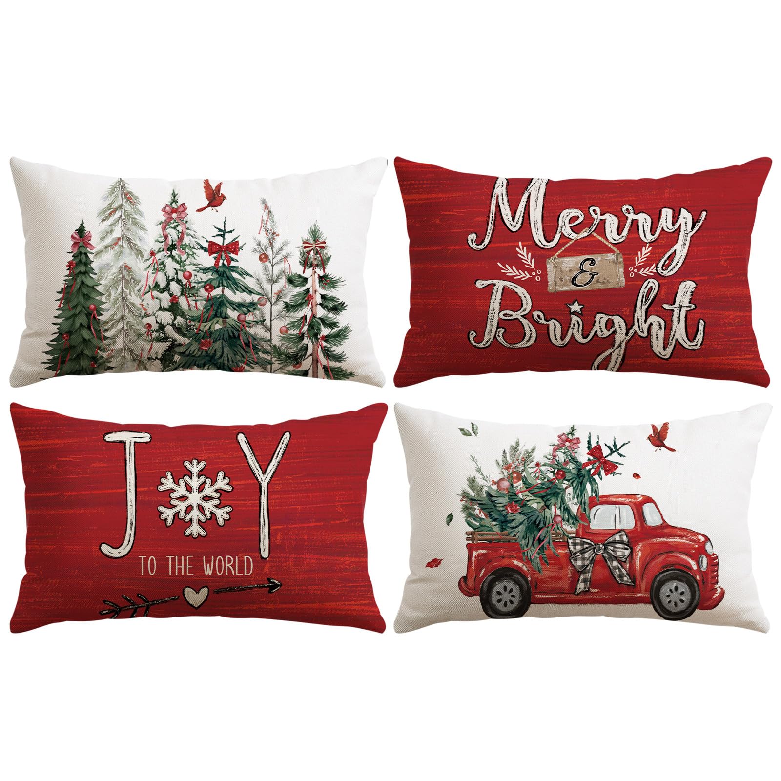 JOTOM Christmas Cushion Covers 40x60 cm Set of 4 Xmas Tree Truck Decorative Red Throw Pillow Covers Sofa Joy Cushion Cases Winter Holiday Decoration for Home Couch Bed Decor (Truck Red)