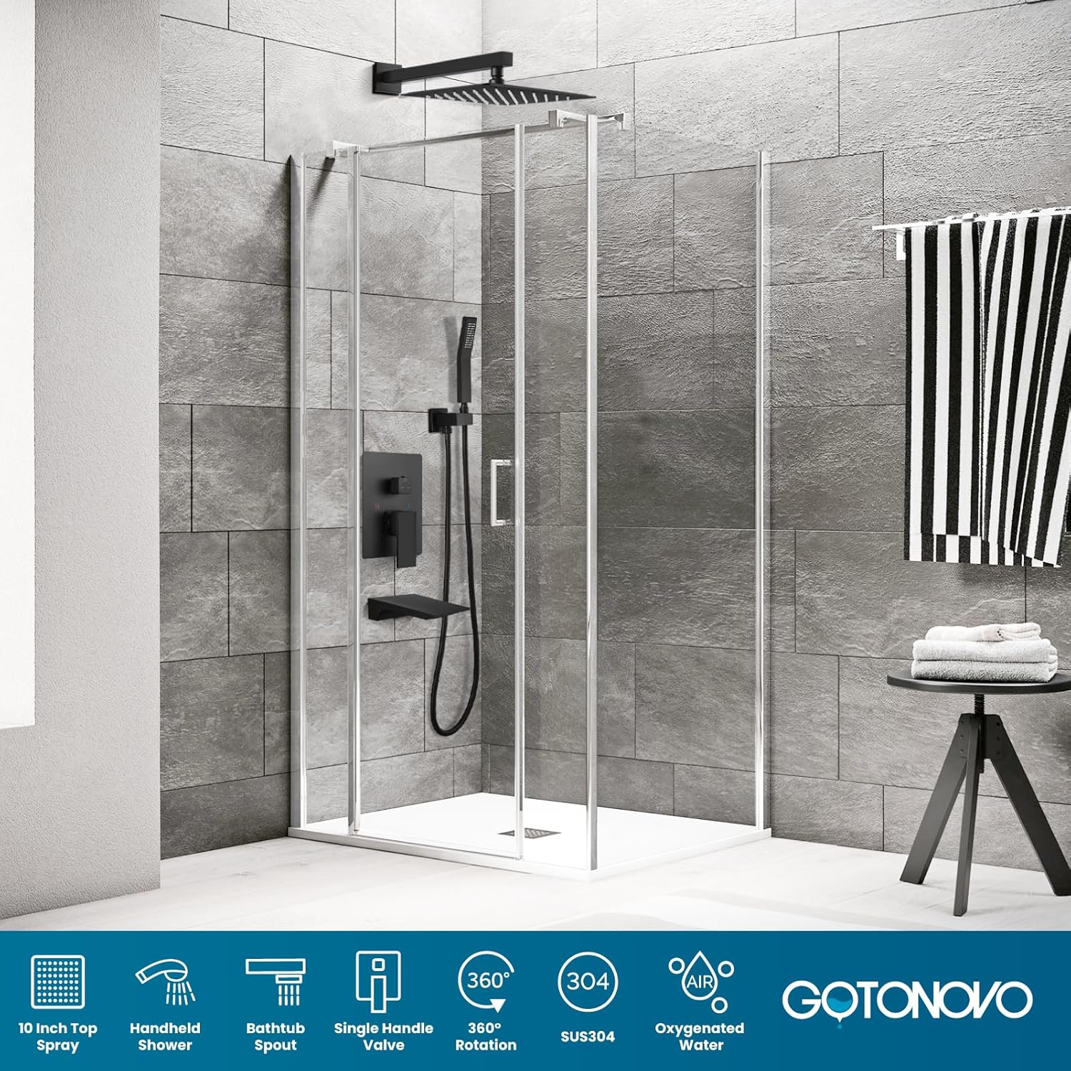 gotonovo Shower System with Tub Spout,Waterfall Tub Shower Faucet Set for Bathroom Head and Handle Set Wall Mounted 3 Function Rough-in Valve and Trim Included 10 inch Shower Head Matte Black - Image 9