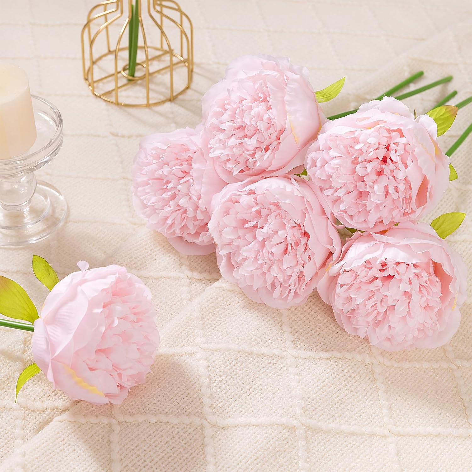 U'Artlines 20 Heads Artificial Peony Silk Flower Leaf Home Office Wedding Party Festival Bar Decor (Light Pink) - Image 7