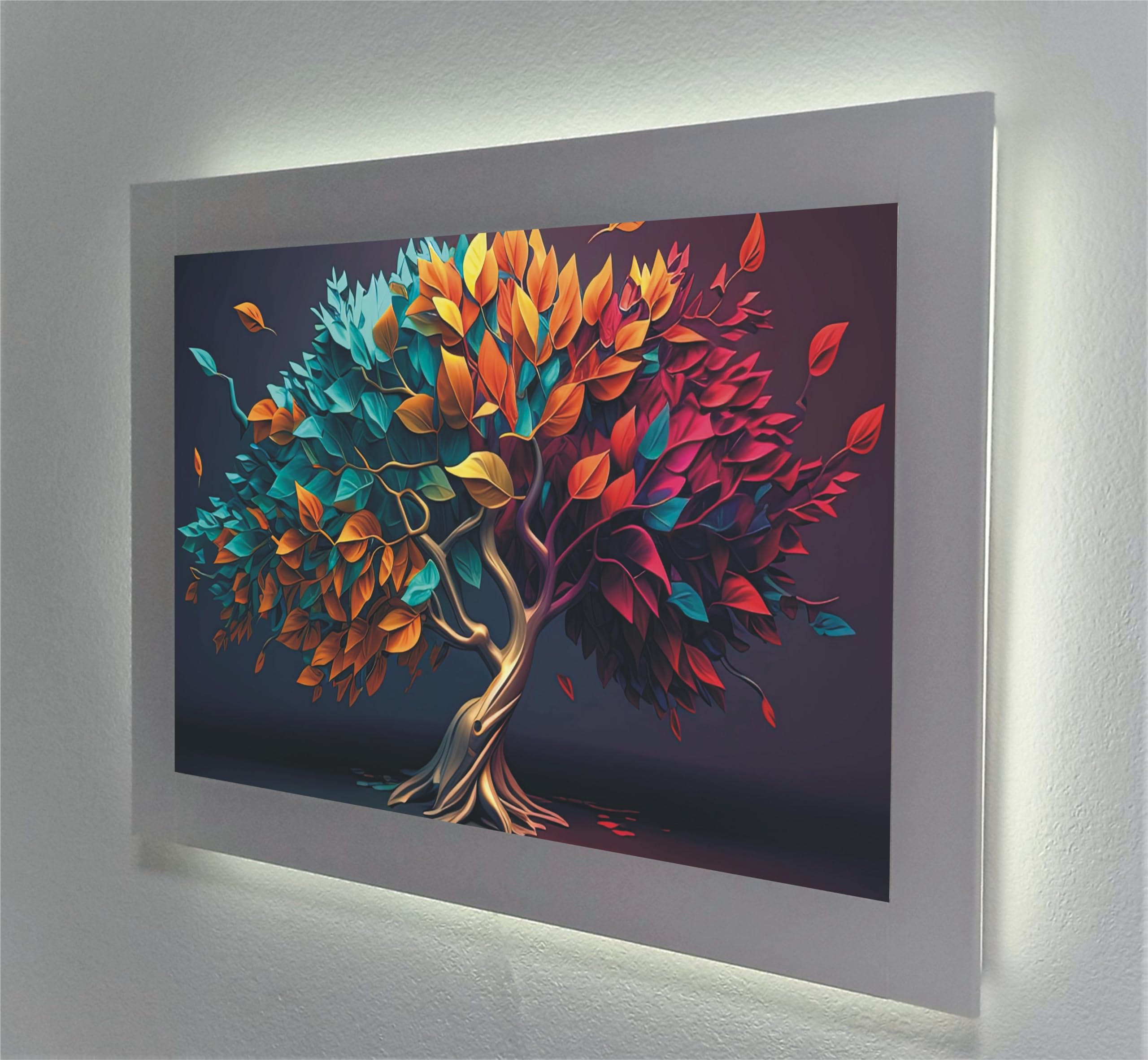 Tableau rétro-éclairé arbre fleuri d'art abstrait avec éclairage latéral de salon