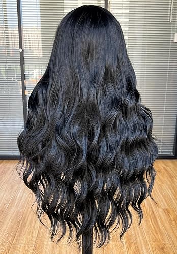 Miniatura 7 de Annivia Peluca larga ondulada negra con flequillo para mujer, peluca larga y ondulada de aspecto natural, peluca de fibra sintética resistente al