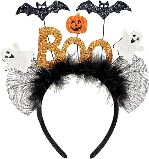 QLINLEAF Ghost BOO Headband, Glitter Halloween Party Headband for Women