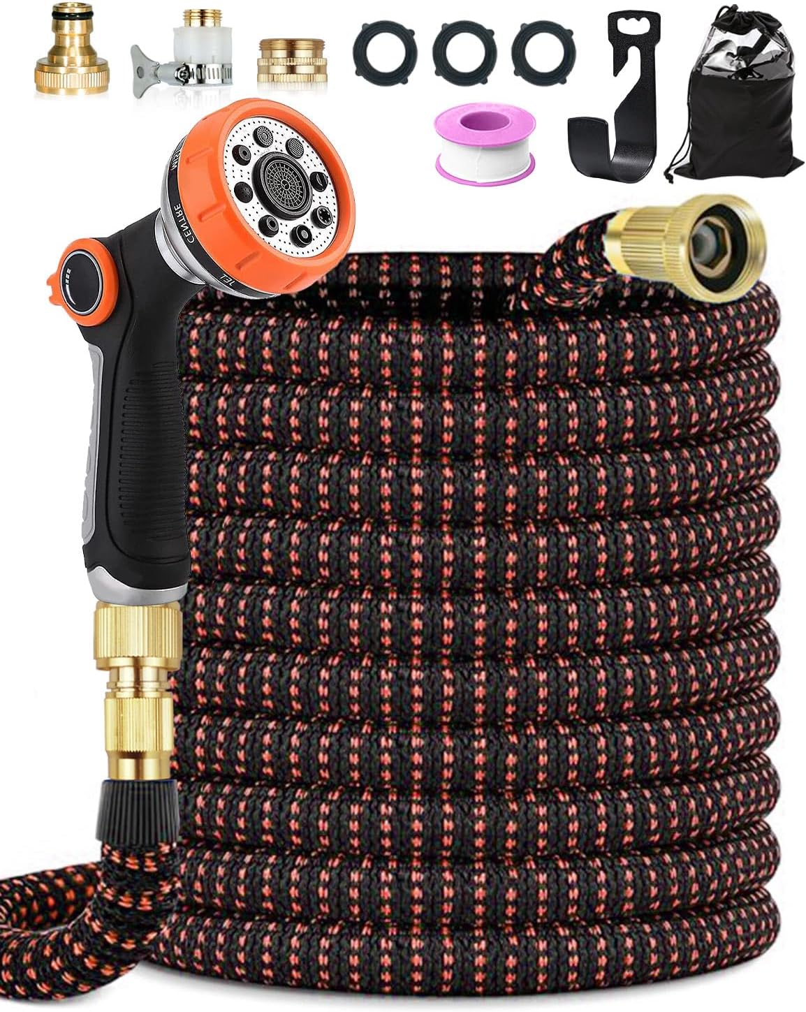 150FT Expandable Garden Hose, Flexible Garden Pipe with 10-Function Spray Nozzle, Leak-Proof, Kink-Free, 4-Layer Latex Core, Durable 3750D Fabric, Universal Fittings 1/2" & 3/4", for Car Wash, Orange
